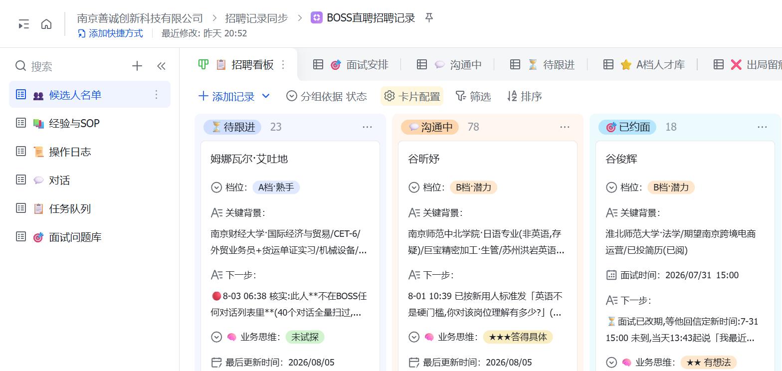 招聘协作的真实候选人看板截图